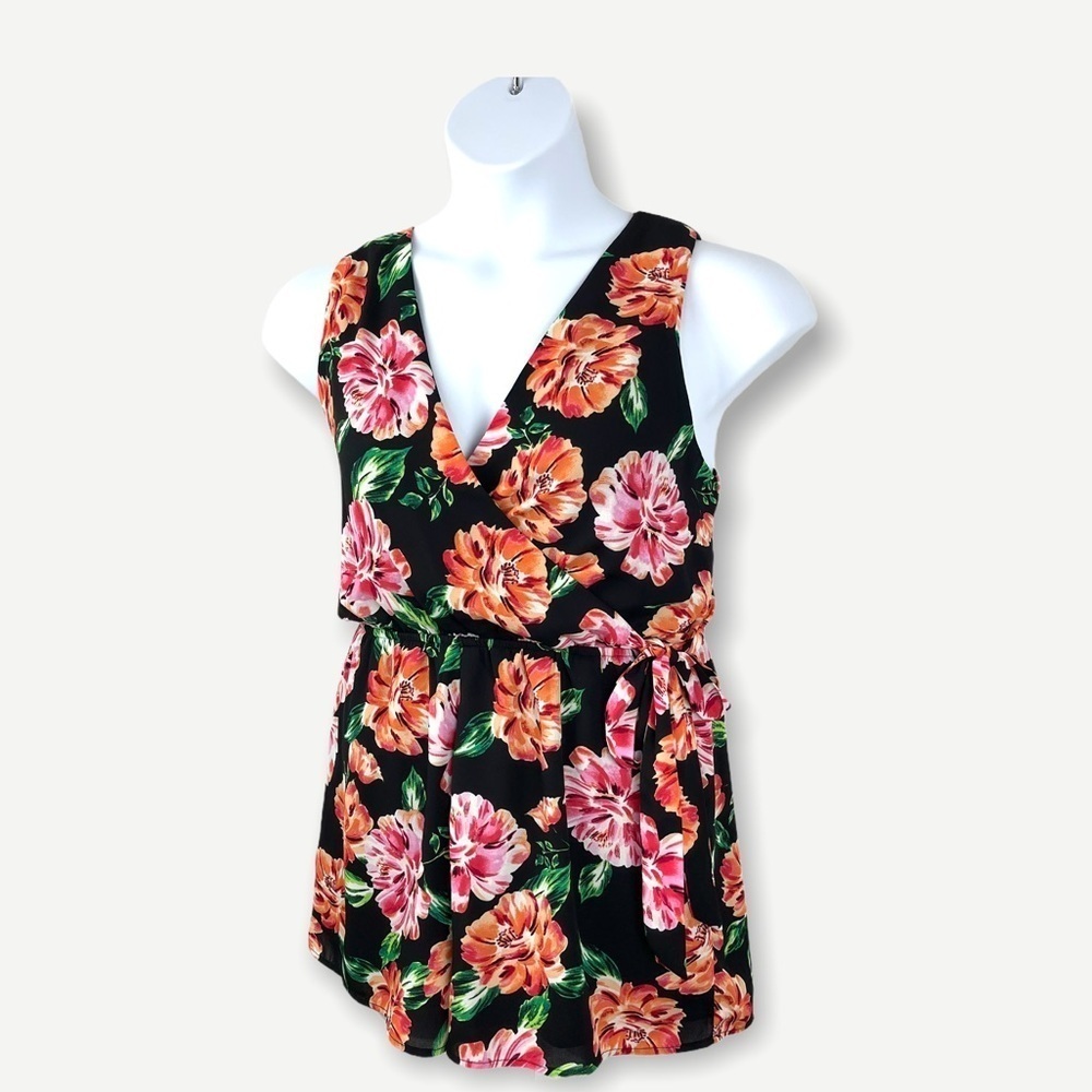As U Wish Dark Floral Summer V Neck Wrap Romper Size Large
